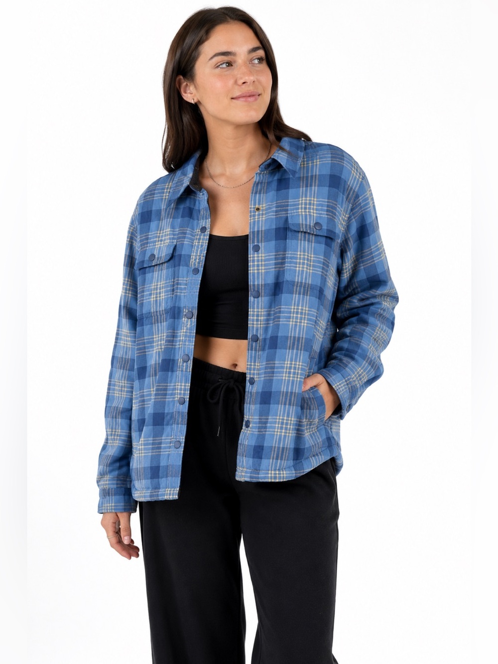 L.L.Bean Blue Plaid Fleece Lined Snap Front Shacket Jacket Plus 1X